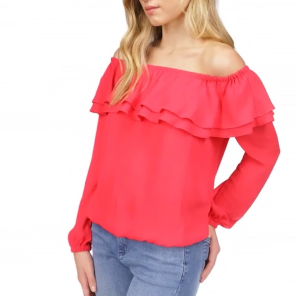 MICHAEL Michael Kors Solid Ruffle Peasant Top, Deep Pink, Long Sleeve Blouse M - Picture 1 of 15